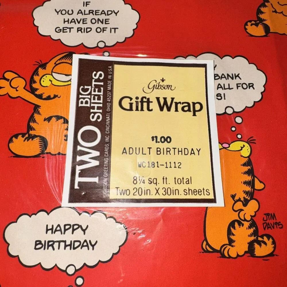 Vintage Garfield Birthday Gift Wrap Sealed 1978 Jim Davis Gibson Paper